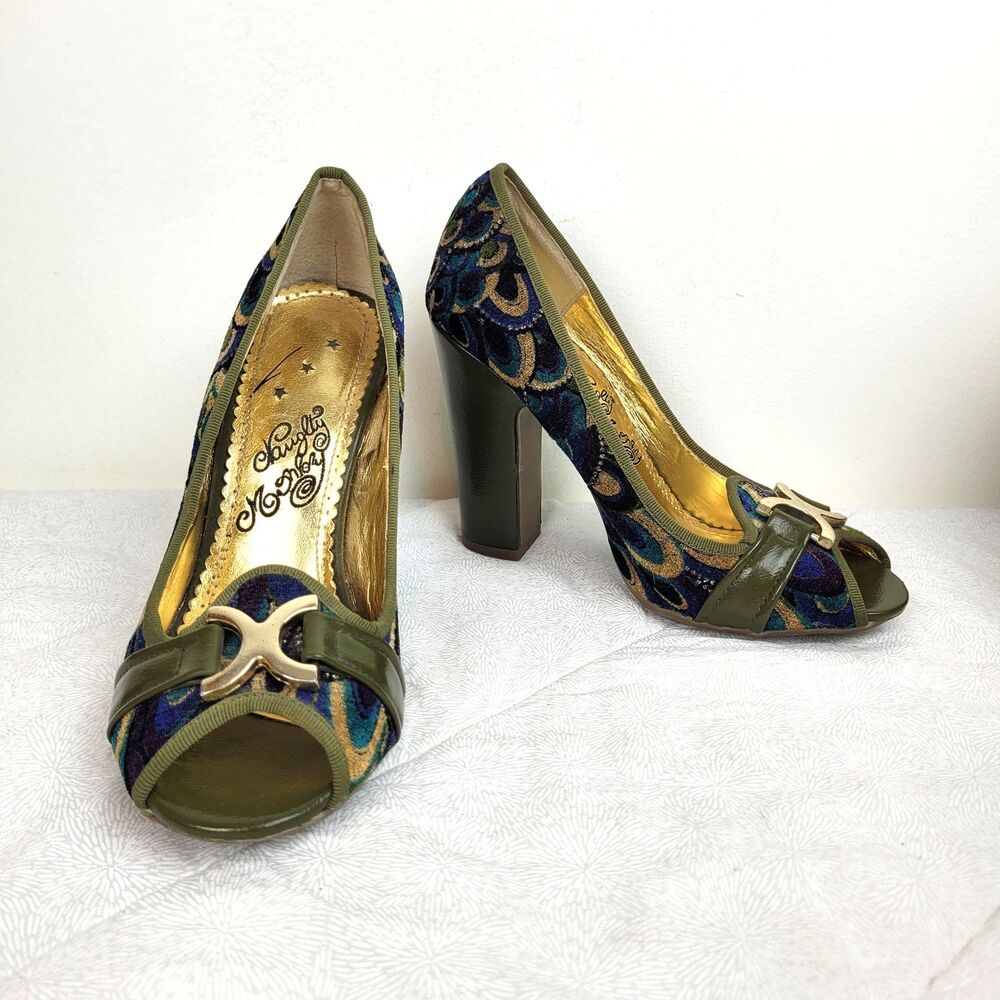 naughty monkey Olive Green Multicolor Patterned Peep-Toe Block Heels - Picture 3 of 13